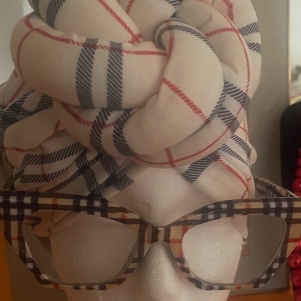 Brand new pretied Plaid (tan, red and cream) headwrap with matching eyeglasses